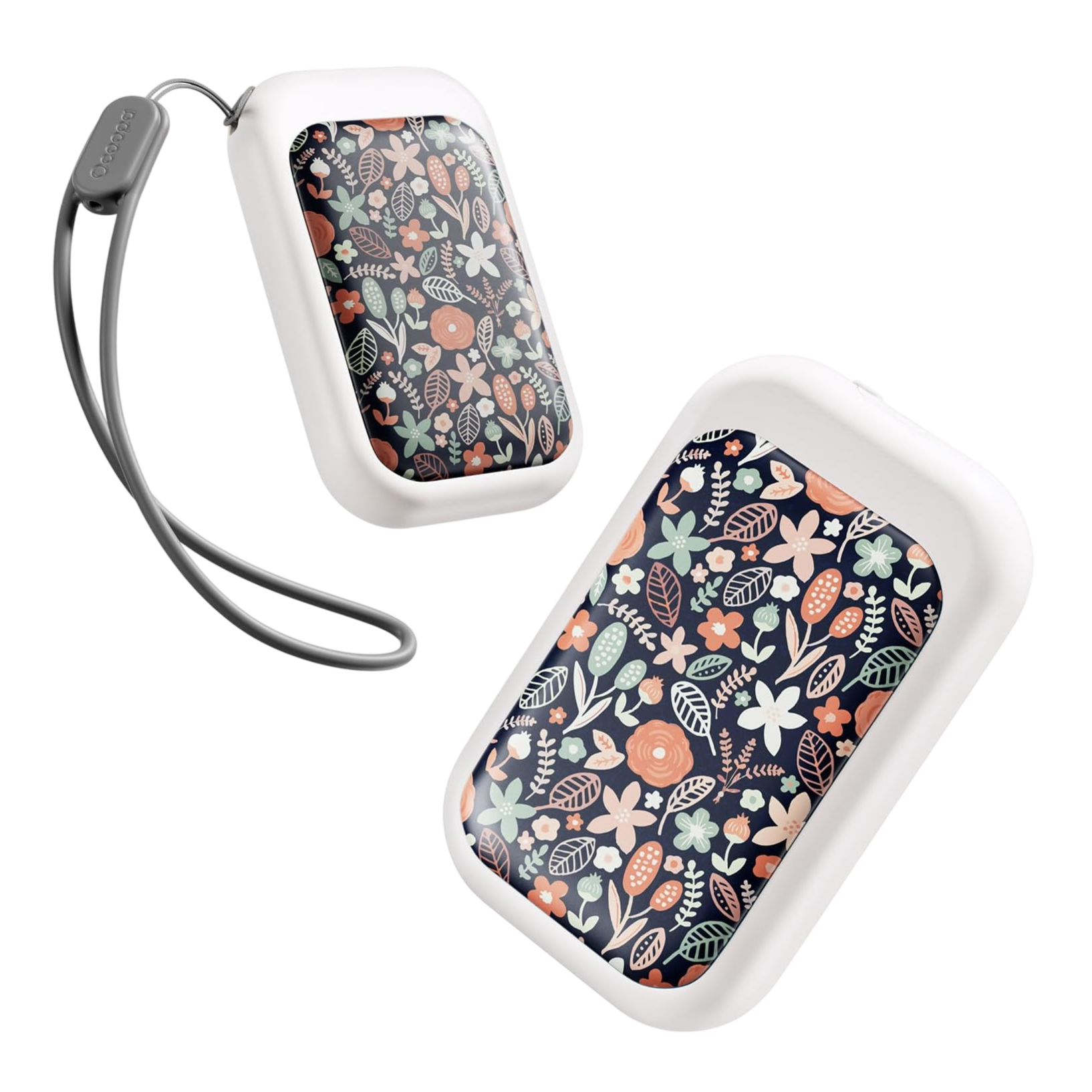 Two portable hand warmers with a floral pattern and a white casing, featuring a lanyard for easy carrying.