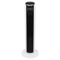 A tall, white Levoit tower fan with a digital display showing the temperature, designed for efficient air circulation.