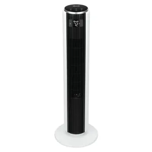 A tall, white Levoit tower fan with a digital display showing the temperature, designed for efficient air circulation.