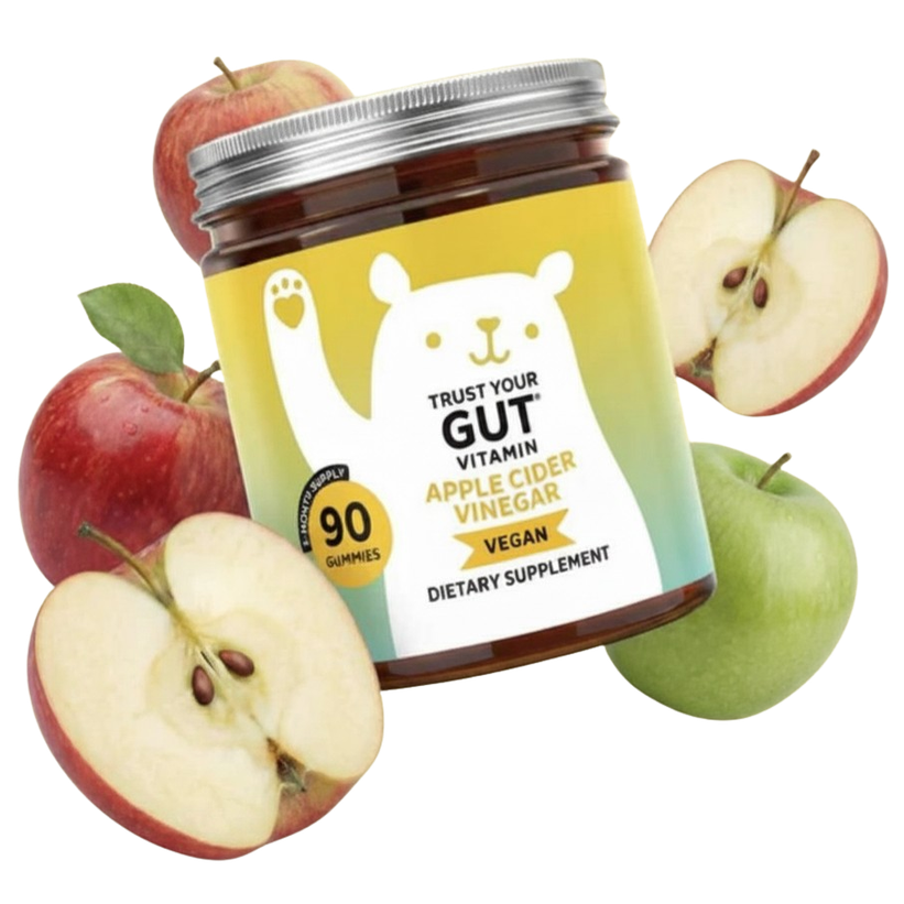 Apple cider vinegar vegan gummies labeled \“Trust Your Gut\“ with 90 gummies, surrounded by red and green apples.