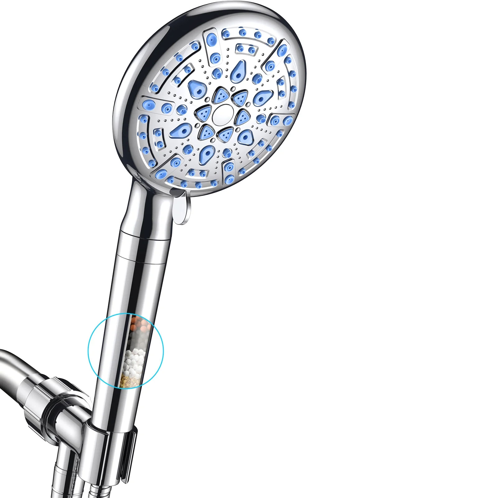 Handheld showerhead with blue nozzles and a built-in filter featuring mineral beads for water purification.