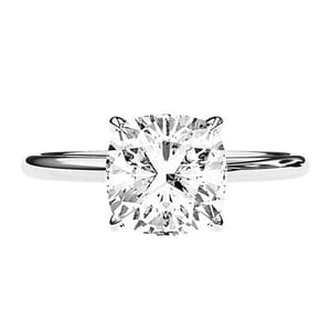 A 3-carat lab-grown diamond engagement ring featuring a cushion-cut diamond set in a four-prong setting on a sleek, polished white gold band.