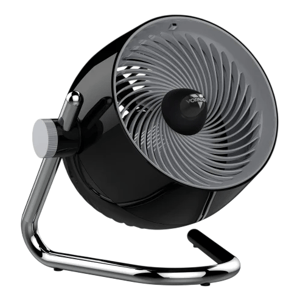 A compact, modern black table fan with a chrome stand and adjustable angle. The design features a spiral grill and a control knob for speed adjustments.
