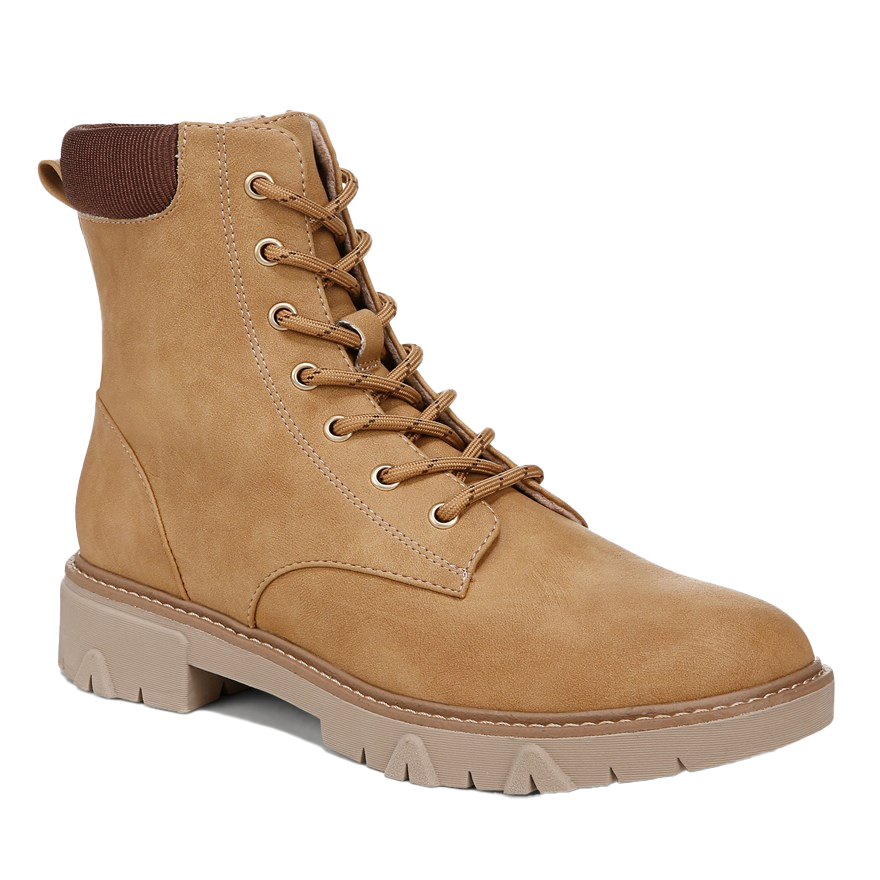 Dr. Scholl's Combat Boots are tan with a lace-up design, featuring a chunky sole and a padded brown collar for ankle support.