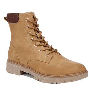 Dr. Scholl's Combat Boots are tan with a lace-up design, featuring a chunky sole and a padded brown collar for ankle support.