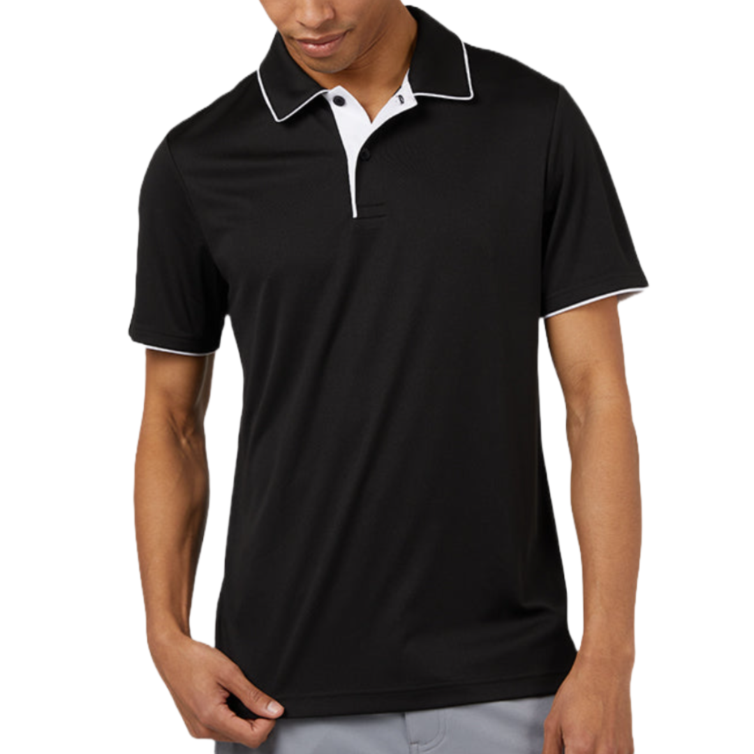 Black short-sleeve polo shirt with a white button placket, contrasting white trim on the collar and sleeves, and a relaxed fit.