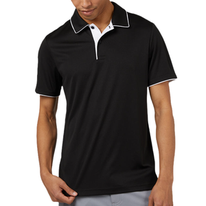 Black short-sleeve polo shirt with a white button placket, contrasting white trim on the collar and sleeves, and a relaxed fit.