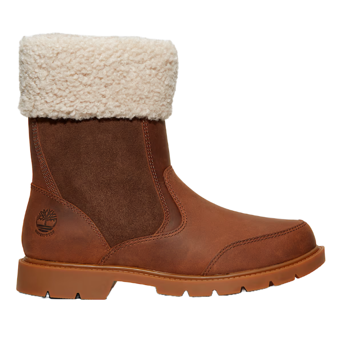 Timberland Linden Woods Boots feature a brown leather and suede exterior with a cozy shearling fold-over cuff, waterproof construction, and durable rubber sole.