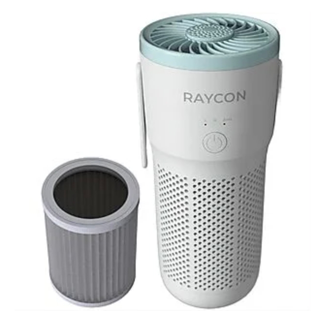 Raycon air purifier with cylindrical design and detachable filter, featuring a control button and indicator lights.