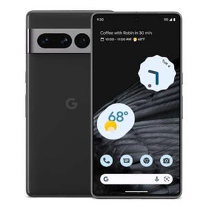 Google Pixel 7 Pro, 5G unlocked smartphone shown in black, features a sleek design with a prominent rear camera bar and a clear, customizable display interface showing weather, calendar, and app icons.