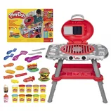 Play-Doh barbecue set includes a toy grill, utensils, molds, and various color tubs of Play-Doh for creating pretend food like burgers and hot dogs. Suitable for ages 3 and up.