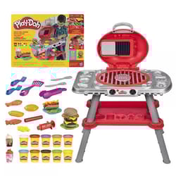 Play-Doh barbecue set includes a toy grill, utensils, molds, and various color tubs of Play-Doh for creating pretend food like burgers and hot dogs. Suitable for ages 3 and up.