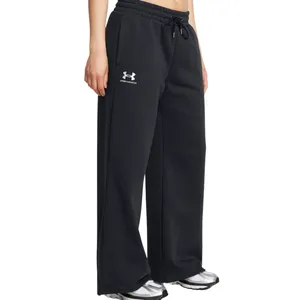 Black Under Armour sweatpants with a relaxed fit, featuring an elastic waistband, drawstring, and the brand logo on the left thigh, paired with gray and black athletic sneakers.