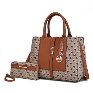 A brown and beige MKF satchel with a monogram print and a matching wallet, both with gold-tone hardware and the brand's emblem.