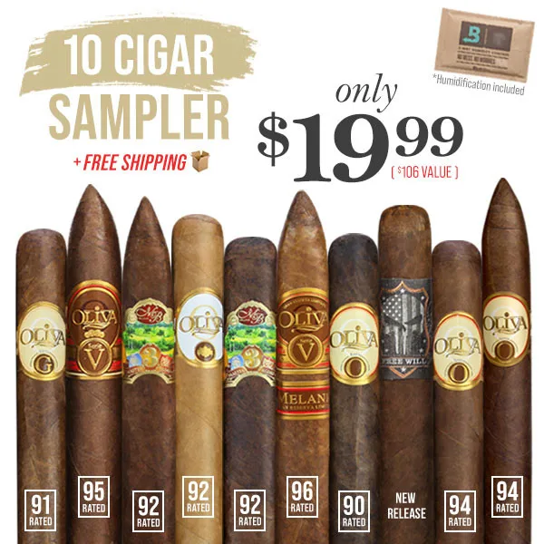 A 10 cigar sampler is featured for $19.99 with free shipping and ratings for each cigar displayed.