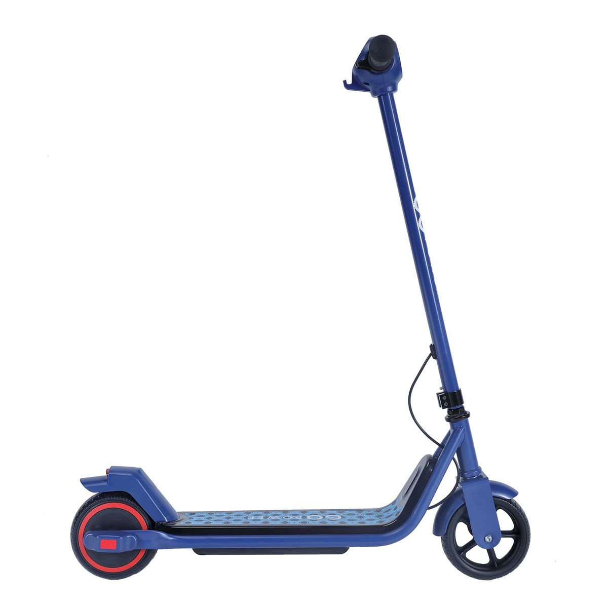 A blue electric scooter with a simplistic, streamlined design featuring a sturdy frame, small front and rear wheels, and a textured footboard.
