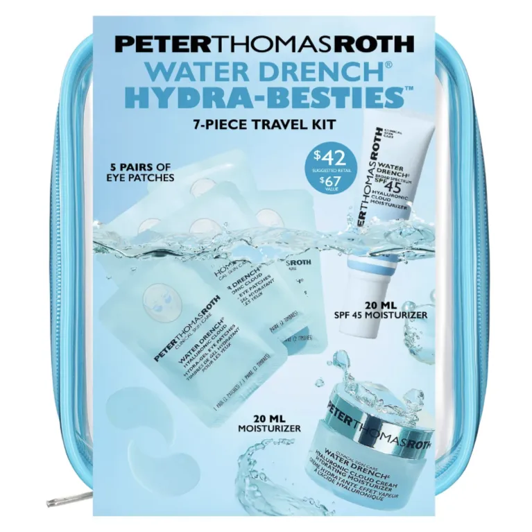 Peter Thomas Roth Water Drench Hydra-Besties 7-Piece Travel Kit includes 5 pairs of eye patches, a 20 ml SPF 45 moisturizer, and a 20 ml moisturizer, valued at $67, priced at $42.