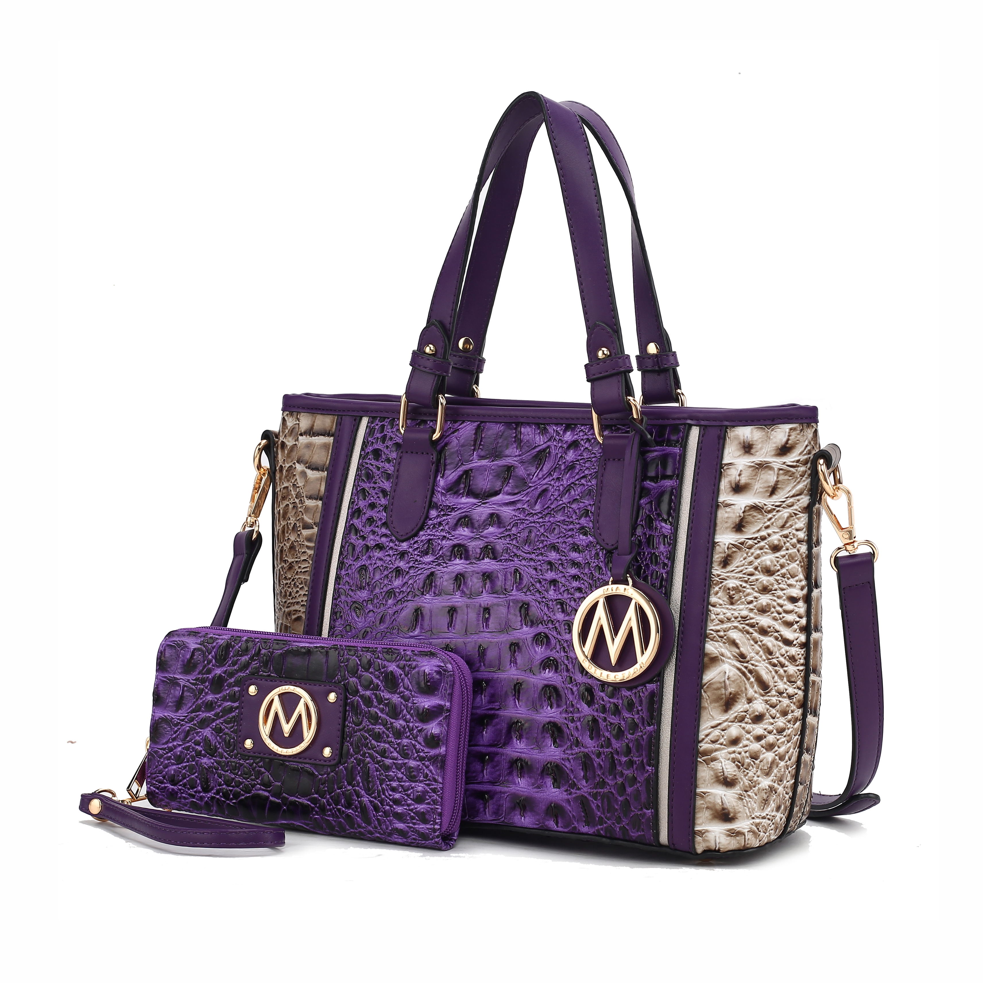 A purple and beige textured handbag with matching wallet, both adorned with a gold-tone logo emblem.