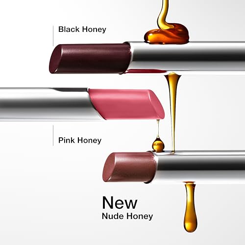 Three lip products labeled: Black Honey, Pink Honey, and New Nude Honey, each with a different shade and a honey-like substance dripping beside them.