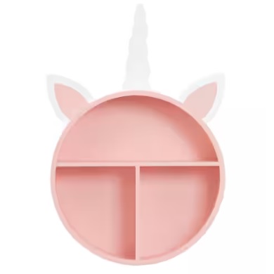 A pink unicorn-themed circular wall shelf with a horn and ears, featuring three compartments for storage or display.