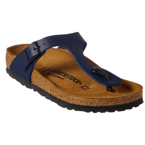 A single dark blue Birkenstock sandal with a toe loop and an adjustable strap over the foot.