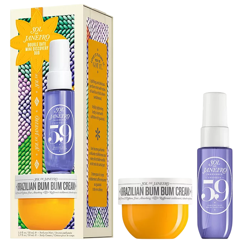 Sol de Janeiro Double Date Mini Discovery Duo includes Brazilian Bum Bum Cream (50 ml) and a no. 59 perfume mist (30 ml), packaged together in a colorful box.
