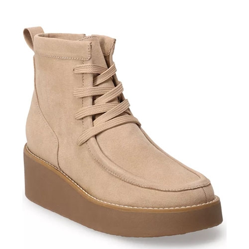 Beige, wedge-heeled ankle boot with lace-up front.