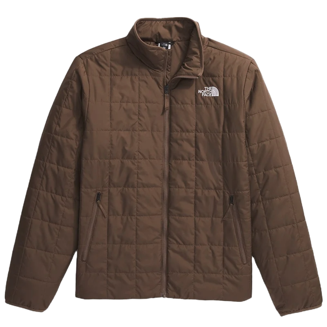 The North Face Junction Insulated Jacket is a brown, lightweight quilted jacket with insulation, featuring a front zipper, high collar, and two zippered pockets. It has the North Face logo on the chest.