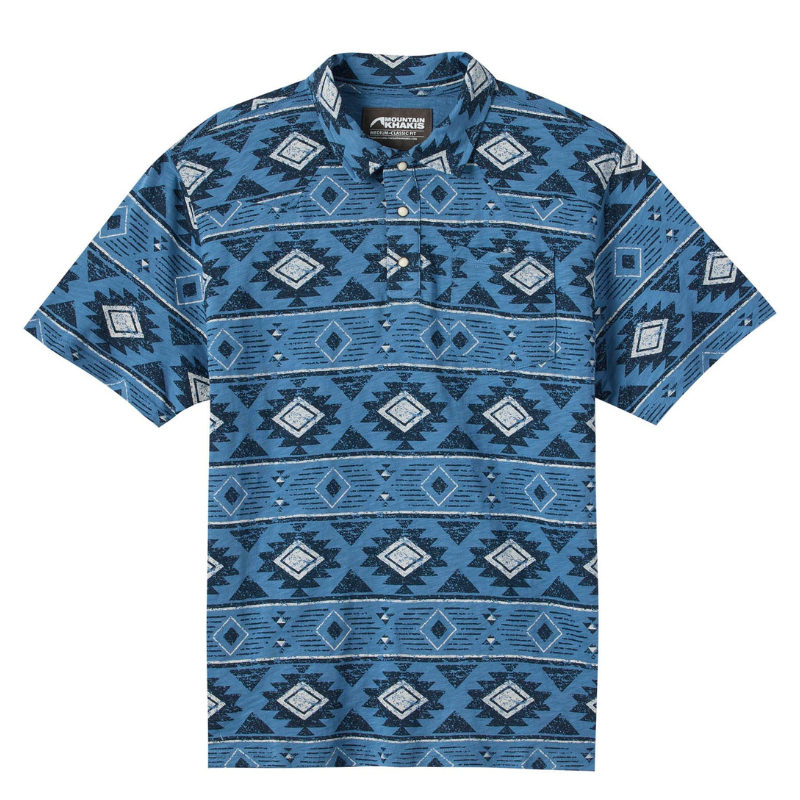 Blue short-sleeve shirt with a geometric pattern featuring diamonds and triangles in black, white, and light blue.