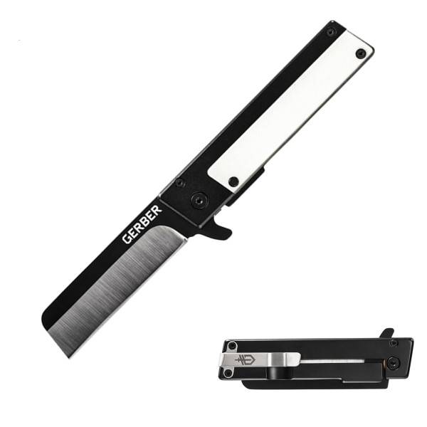 Folding knife by Gerber with a sleek, black and silver design, featuring a straight-edge blade and a pocket clip.