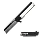 Folding knife by Gerber with a sleek, black and silver design, featuring a straight-edge blade and a pocket clip.