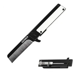 Folding knife by Gerber with a sleek, black and silver design, featuring a straight-edge blade and a pocket clip.