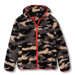 Camouflage-patterned hooded fleece jacket with orange trim and zipper, features soft plush material for warmth.