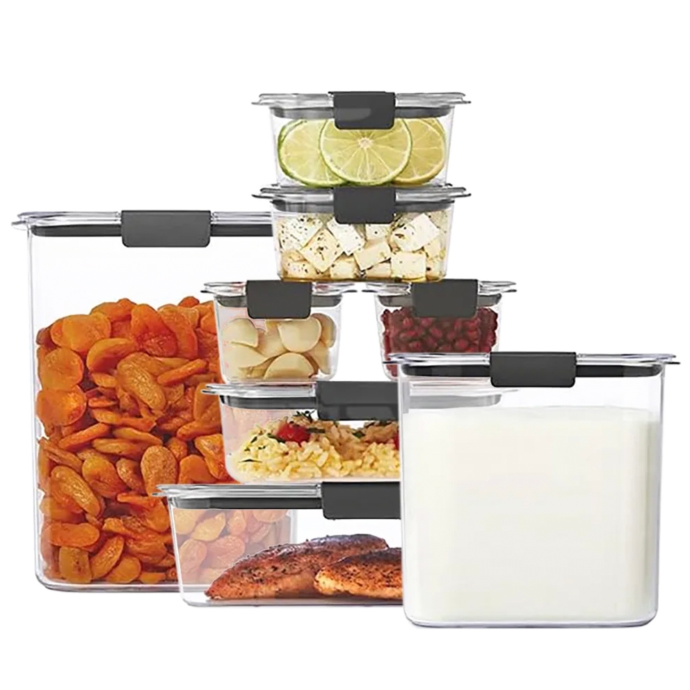 Eight clear Rubbermaid containers with black lids in various sizes, including two large rectangular, three medium square, one medium rectangle, and two small square containers, designed for food storage.