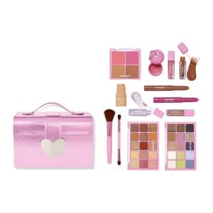 A pink makeup set includes eyeshadow palettes, blush, foundation, lip gloss, brow pencil, and brushes, all housed in a pink case with a heart emblem.