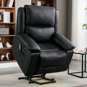 A black genuine leather power lift recliner features plush cushioning and side controls for easy adjustment, supported by a sturdy metal base.