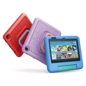 Three Fire Kids Tablets in red, purple, and blue colors with protective bumpers and rear stands, designed for children. The screen displays a child-friendly interface featuring educational and entertainment content.