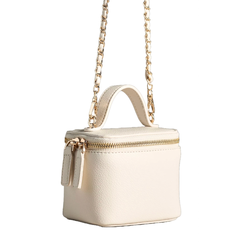 Small off-white boxy handbag with a gold chain strap and zippered closure, featuring a single top handle.