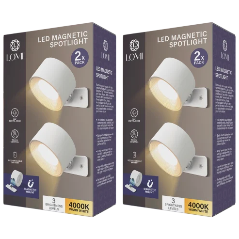 LED Magnetic Spotlight 2-pack with 3 brightness levels, featuring 4000K warm white light and magnetic mount.