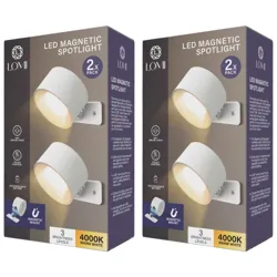 LED Magnetic Spotlight 2-pack with 3 brightness levels, featuring 4000K warm white light and magnetic mount.