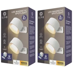 LED Magnetic Spotlight 2-pack with 3 brightness levels, featuring 4000K warm white light and magnetic mount.