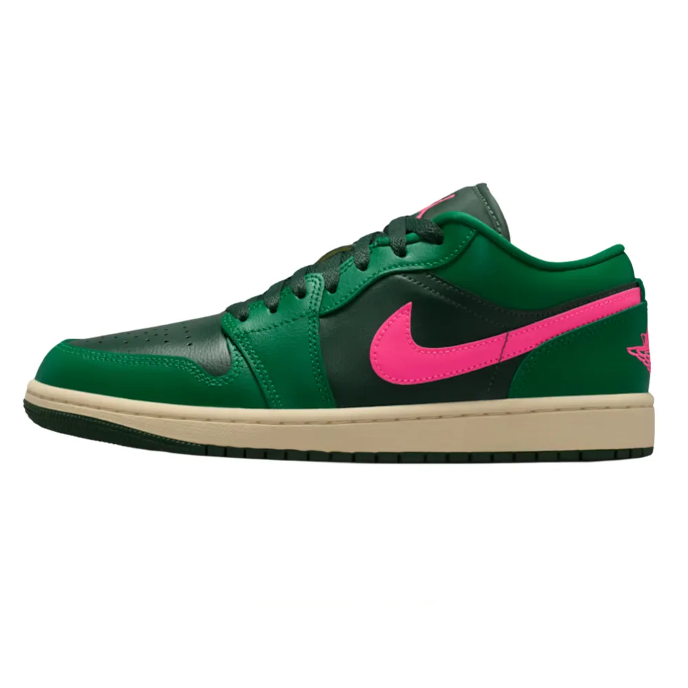 Green and black low-top sneaker with a pink swoosh and beige sole.