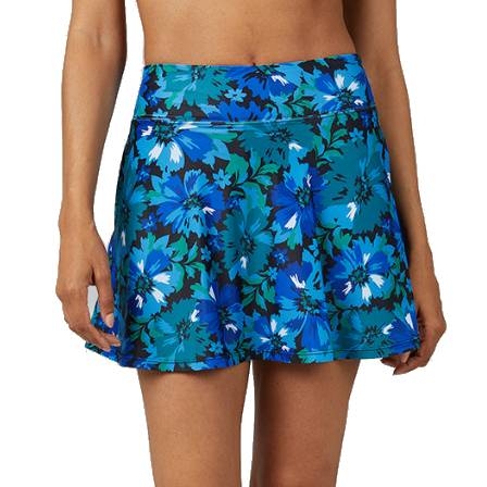 The 32 Degrees Swim Skort features a vibrant blue floral pattern with a fitted waistband and a flared skirt design, offering a stylish swimwear option.