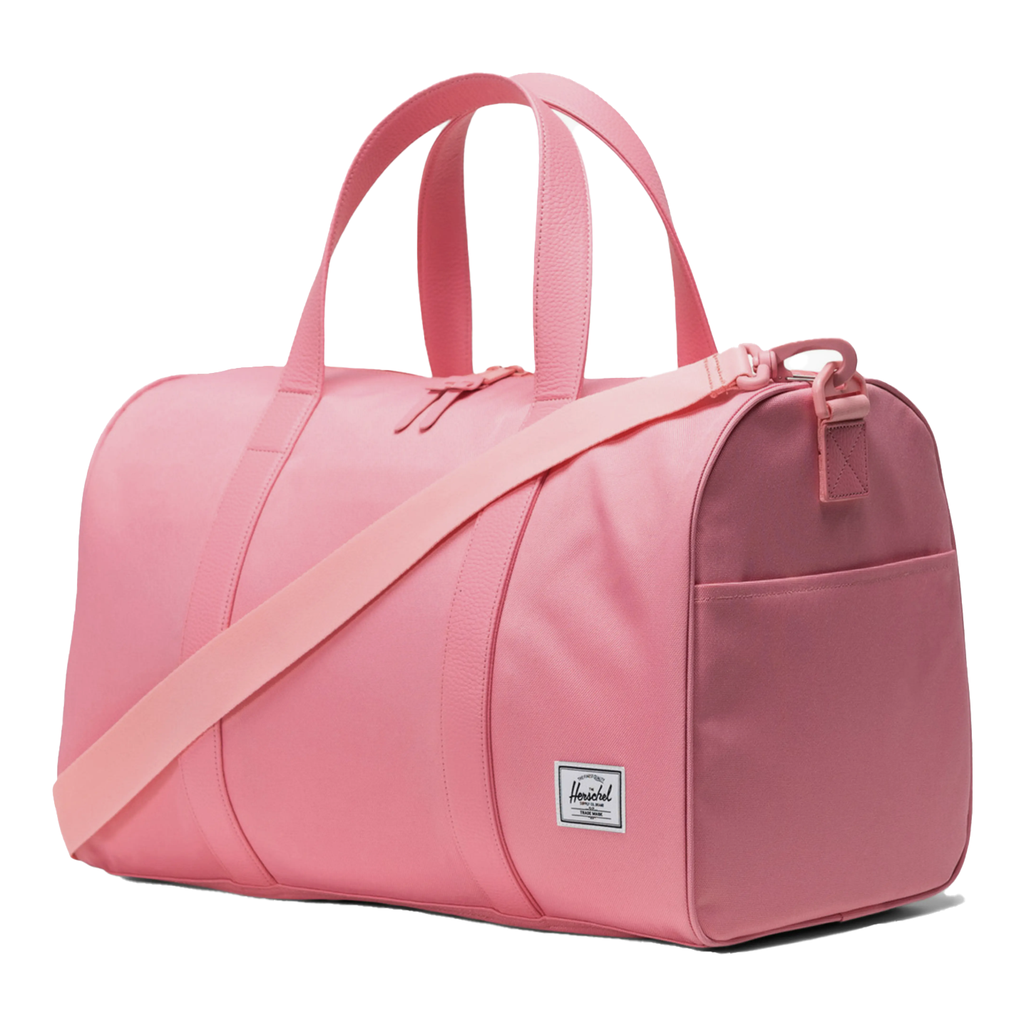 Pink duffel bag with a shoulder strap and dual handles, featuring a small front pocket and a logo patch on the side.