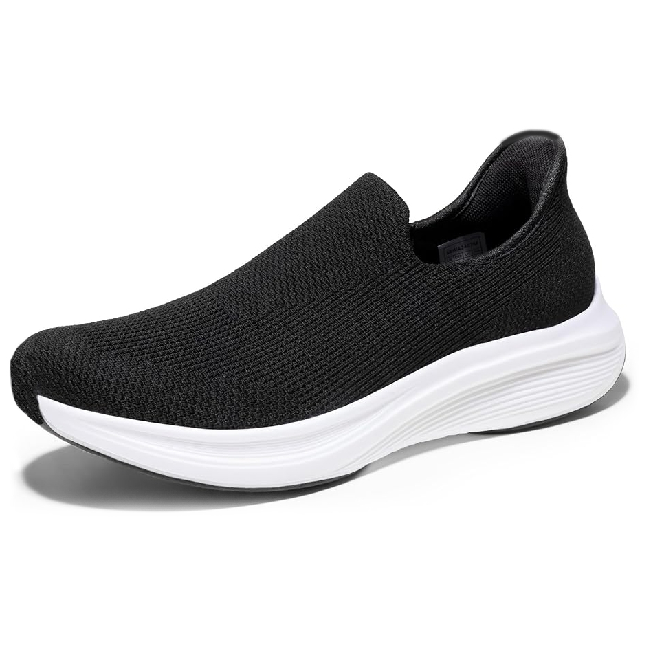 Black slip-on shoes with a sleek, knit upper and a cushioned white sole, designed for comfort and ease of wear.