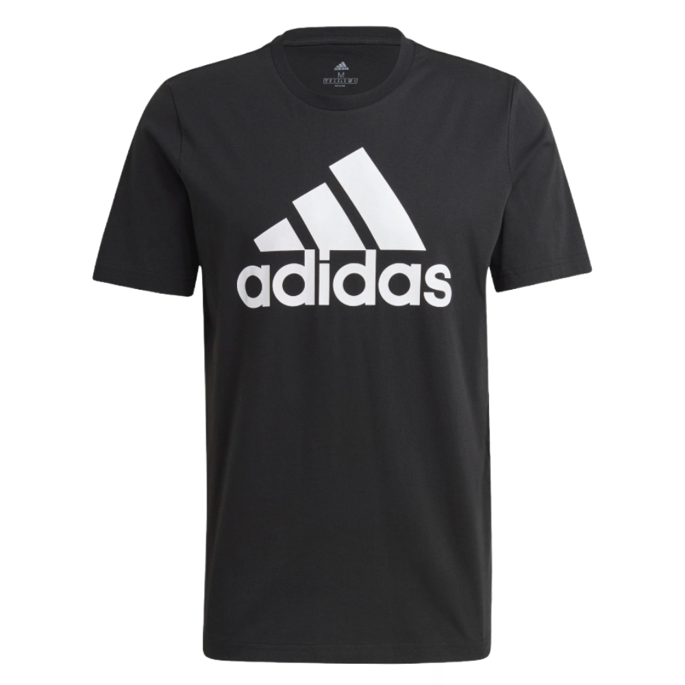 Black Adidas t-shirt featuring a bold, white Adidas logo and text on the front.