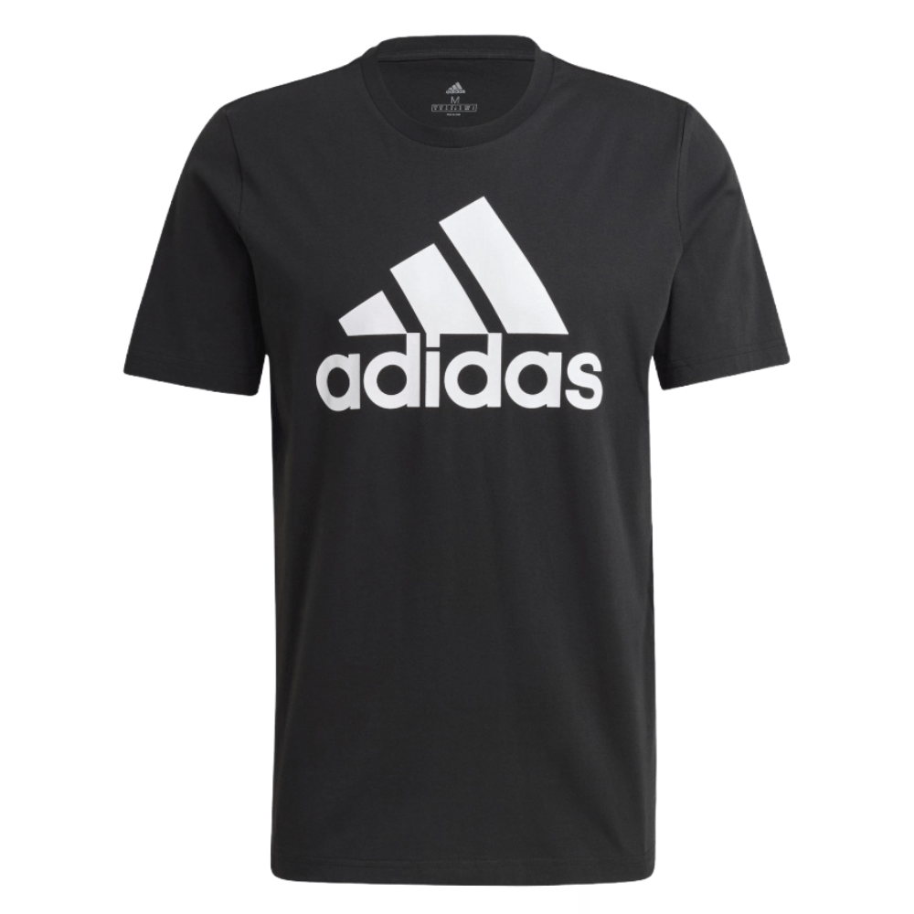 Black Adidas t-shirt featuring a bold, white Adidas logo and text on the front.