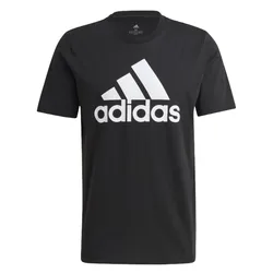 Black Adidas t-shirt featuring a bold, white Adidas logo and text on the front.