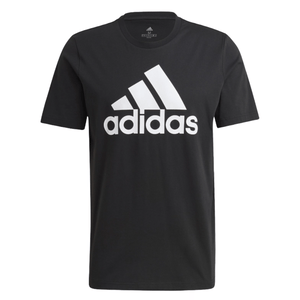 Black Adidas t-shirt featuring a bold, white Adidas logo and text on the front.