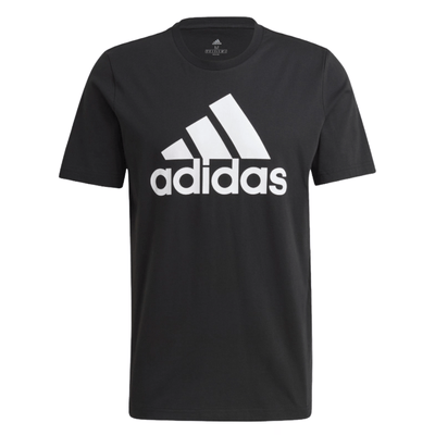 Black Adidas t-shirt featuring a bold, white Adidas logo and text on the front.